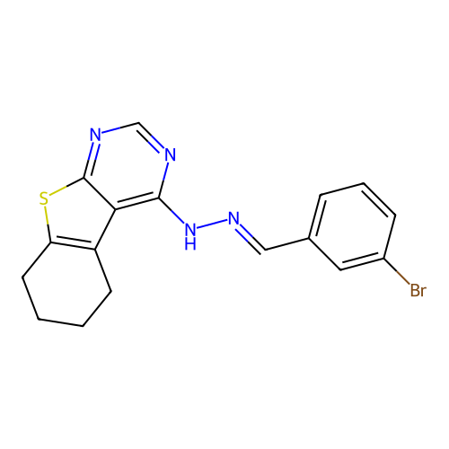 4-[(2E)-2-(3-bromobenzylidene)hydrazinyl]-5,6,7,8-tetrahydro[1]benzothieno[2,3-d]pyrimidine structure
