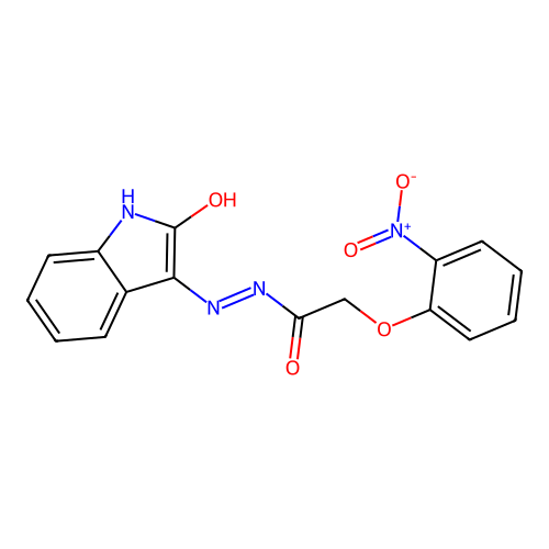 2-(2-nitrophenoxy)-N'-[(3Z)-2-oxo-1,2-dihydro-3H-indol-3-ylidene]acetohydrazide structure