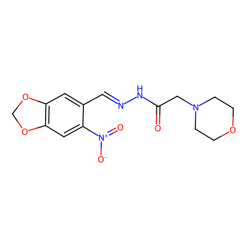 2-morpholin-4-yl-N-[(E)-(6-nitro-1,3-benzodioxol-5-yl)methylideneamino]acetamide structure