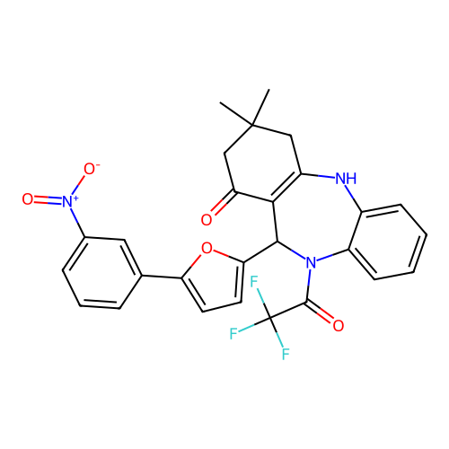3,3-dimethyl-11-[5-(3-nitrophenyl)furan-2-yl]-10-(trifluoroacetyl)-2,3,4,5,10,11-hexahydro-1H-dibenzo[b,e][1,4]diazepin-1-one structure