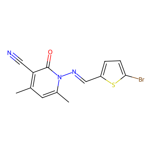 1-{[(5-bromo-2-thienyl)methylene]amino}-4,6-dimethyl-2-oxo-1,2-dihydro-3-pyridinecarbonitrile structure