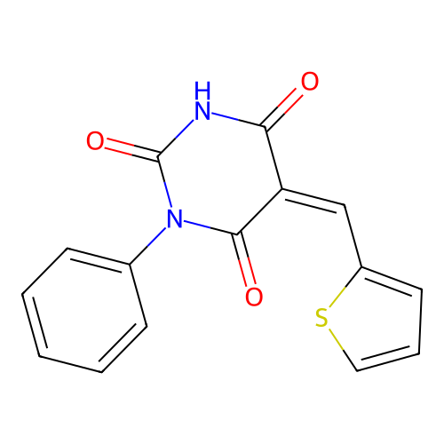 (Z)-1-phenyl-5-(thiophen-2-ylmethylene)pyrimidine-2,4,6(1H,3H,5H)-trione structure