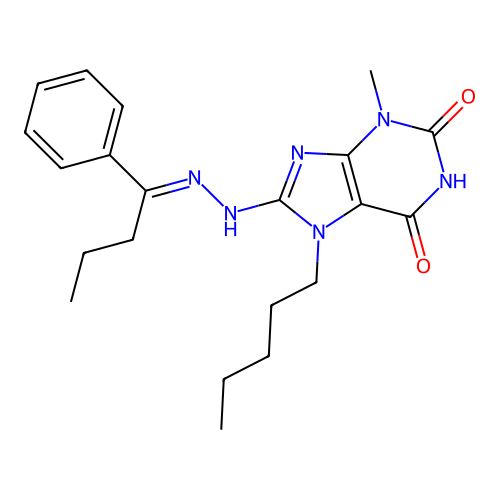(E)-3-methyl-7-pentyl-8-(2-(1-phenylbutylidene)hydrazinyl)-1H-purine-2,6(3H,7H)-dione structure