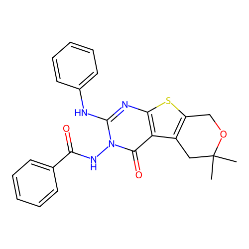 N-(2-anilino-6,6-dimethyl-4-oxo-5,8-dihydro-4H-pyrano[4',3':4,5]thieno[2,3-d]pyrimidin-3(6H)-yl)benzamide structure
