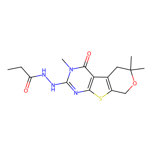 N'-(3,6,6-trimethyl-4-oxo-3,5,6,8-tetrahydro-4H-pyrano[4',3':4,5]thieno[2,3-d]pyrimidin-2-yl)propanehydrazide structure
