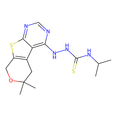 2-(6,6-dimethyl-5,8-dihydro-6H-pyrano[4',3':4,5]thieno[2,3-d]pyrimidin-4-yl)-N-(propan-2-yl)hydrazinecarbothioamide structure