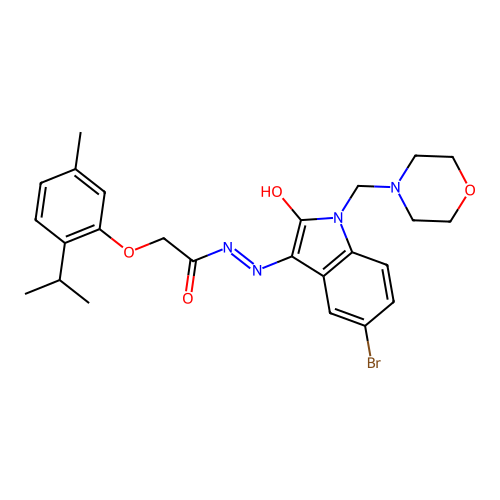 (E)-N'-(5-bromo-1-(morpholinomethyl)-2-oxoindolin-3-ylidene)-2-(2-isopropyl-5-methylphenoxy)acetohydrazide structure