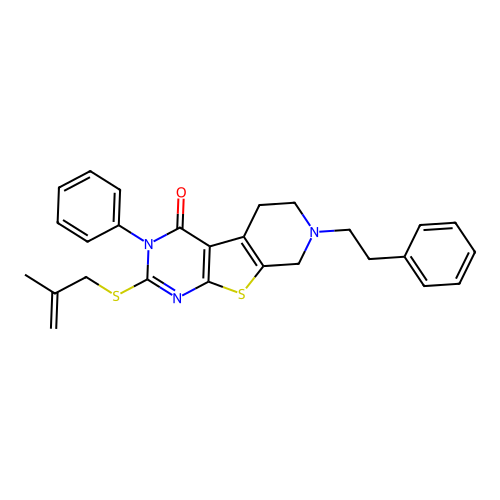 2-[(2-methylprop-2-en-1-yl)sulfanyl]-3-phenyl-7-(2-phenylethyl)-5,6,7,8-tetrahydropyrido[4',3':4,5]thieno[2,3-d]pyrimidin-4(3H)-one structure