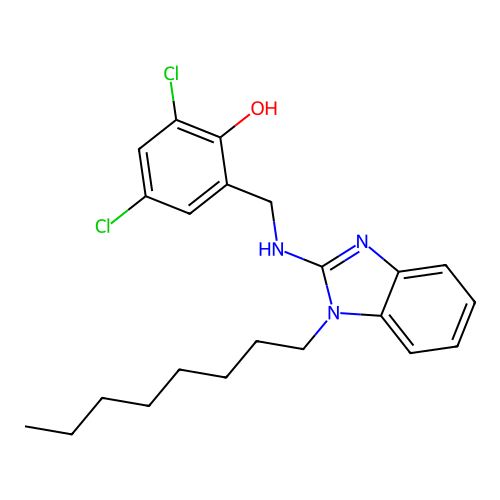 2,4-dichloro-6-{[(1-octyl-1H-benzimidazol-2-yl)amino]methyl}phenol structure