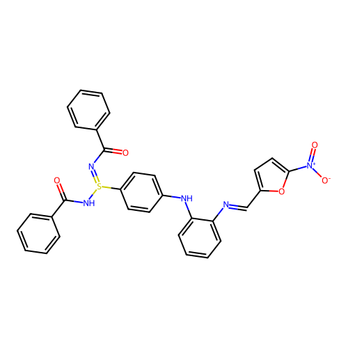 N-[N-benzoyl-S-[4-[2-[(5-nitrofuran-2-yl)methylideneamino]anilino]phenyl]sulfinimidoyl]benzamide structure