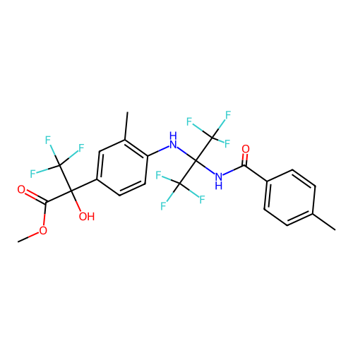 methyl 3,3,3-trifluoro-2-{4-[(1,1,1,3,3,3-hexafluoro-2-{[(4-methylphenyl)carbonyl]amino}propan-2-yl)amino]-3-methylphenyl}-2-hydroxypropanoate structure