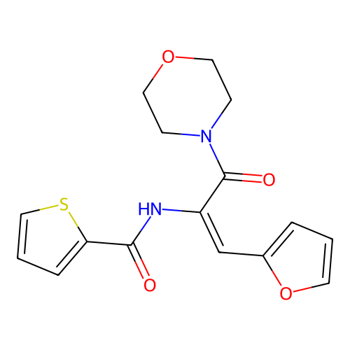 N-[2-(2-furyl)-1-(4-morpholinylcarbonyl)vinyl]-2-thiophenecarboxamide structure