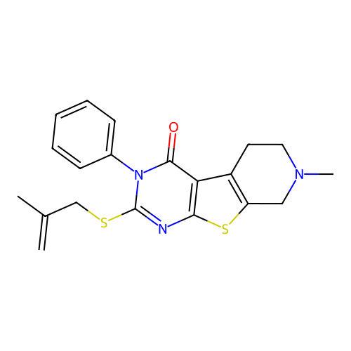 7-methyl-2-[(2-methylprop-2-en-1-yl)sulfanyl]-3-phenyl-5,6,7,8-tetrahydropyrido[4',3':4,5]thieno[2,3-d]pyrimidin-4(3H)-one structure