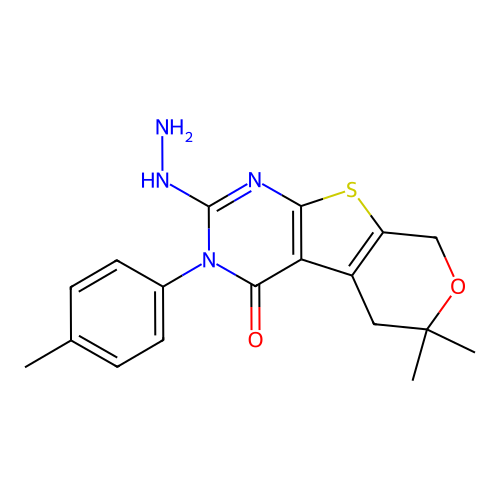 2-hydrazinyl-6,6-dimethyl-3-(4-methylphenyl)-3,5,6,8-tetrahydro-4H-pyrano[4',3':4,5]thieno[2,3-d]pyrimidin-4-one structure