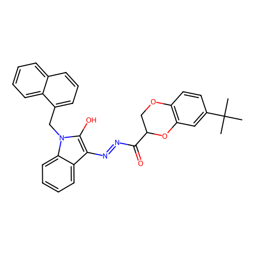 7-tert-butyl-N'-[(3E)-1-(naphthalen-1-ylmethyl)-2-oxo-1,2-dihydro-3H-indol-3-ylidene]-2,3-dihydro-1,4-benzodioxine-2-carbohydrazide structure