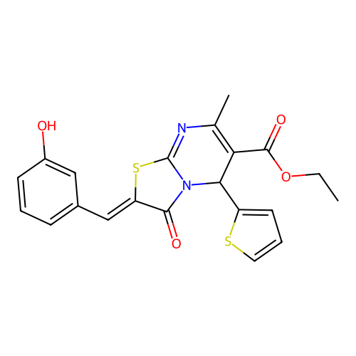 (Z)-ethyl 2-(3-hydroxybenzylidene)-7-methyl-3-oxo-5-(thiophen-2-yl)-3,5-dihydro-2H-thiazolo[3,2-a]pyrimidine-6-carboxylate structure
