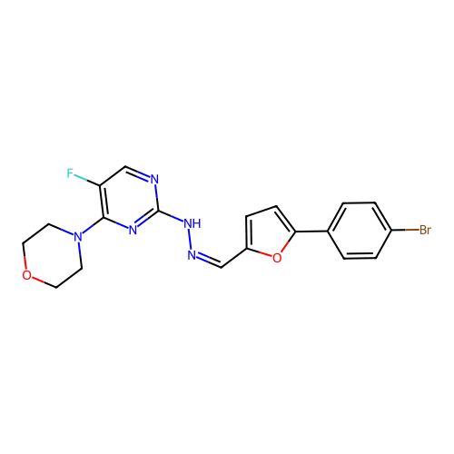 (Z)-4-(2-(2-((5-(4-bromophenyl)furan-2-yl)methylene)hydrazinyl)-5-fluoropyrimidin-4-yl)morpholine structure