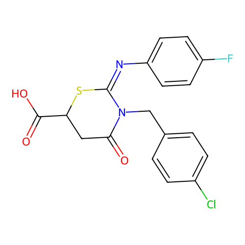 (2Z)-3-(4-chlorobenzyl)-2-[(4-fluorophenyl)imino]-4-oxo-1,3-thiazinane-6-carboxylic acid structure