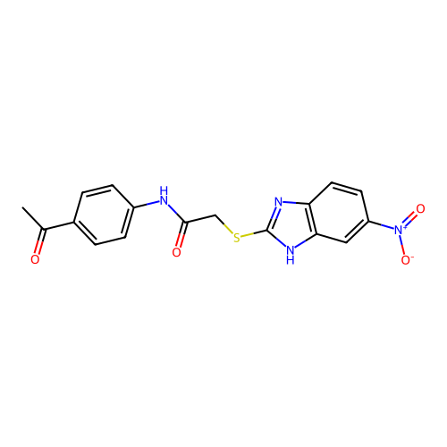N-(4-acetylphenyl)-2-[(5-nitro-1H-benzimidazol-2-yl)sulfanyl]acetamide structure