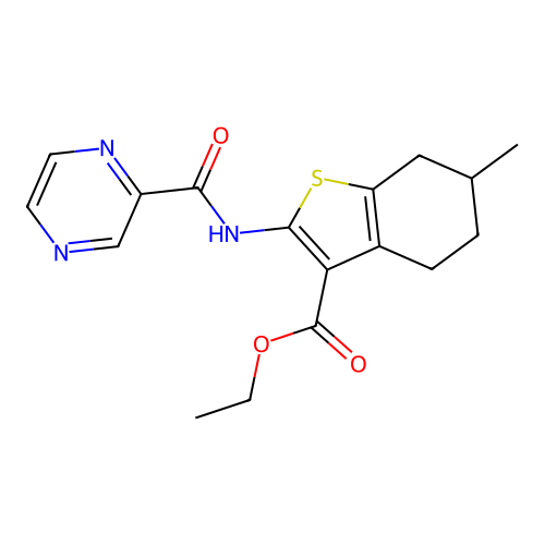 ethyl 6-methyl-2-(pyrazin-2-ylcarbonylamino)-4,5,6,7-tetrahydrobenzo[b]thiophe ne-3-carboxylate structure