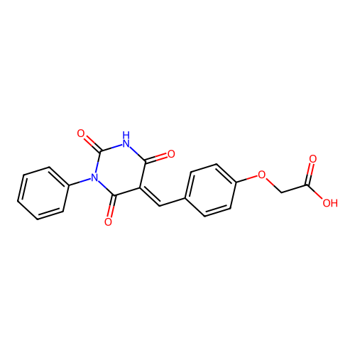 2-[4-[(E)-(2,4,6-trioxo-1-phenyl-1,3-diazinan-5-ylidene)methyl]phenoxy]acetic acid structure