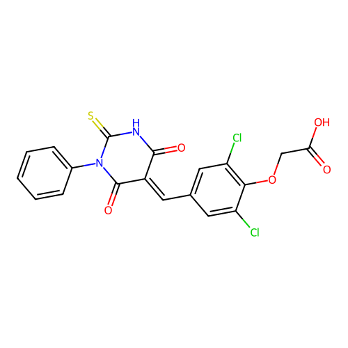 2-(2,6-dichloro-4-((4,6-dioxo-1-phenyl-2-thioxotetrahydropyrimidin-5(2H)-ylidene)methyl)phenoxy)acetic acid structure