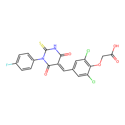 2-(2,6-dichloro-4-((1-(4-fluorophenyl)-4,6-dioxo-2-thioxotetrahydropyrimidin-5(2H)-ylidene)methyl)phenoxy)acetic acid structure