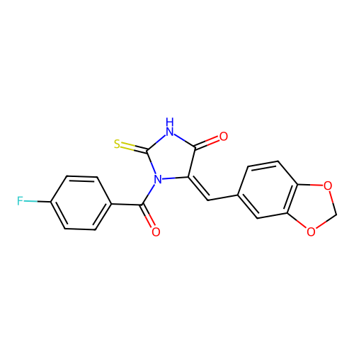 5-(1,3-Benzodioxol-5-ylmethylene)-1-(4-fluorobenzoyl)-2-thioxo-4-imidazolidinone structure