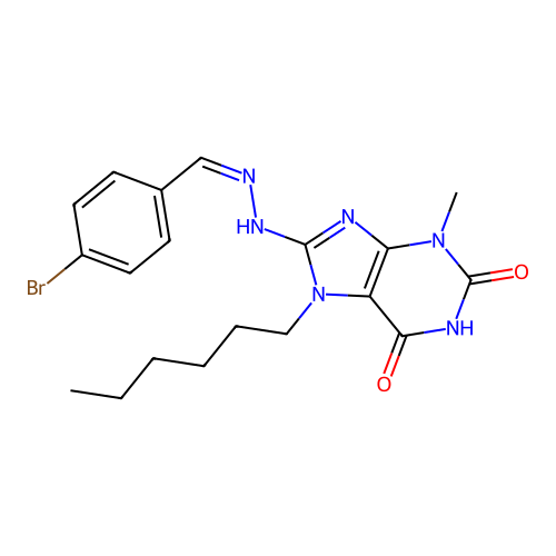 8-(N'-(4-BR-BENZYLIDENE)-HYDRAZINO)-7-HEXYL-3-ME-3,7-DIHYDRO-PURINE-2,6-DIONE structure