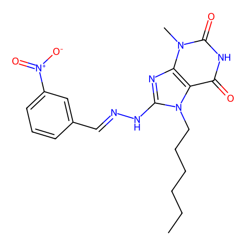 7-hexyl-3-methyl-8-[(2E)-2-[(3-nitrophenyl)methylidene]hydrazinyl]purine-2,6-dione structure