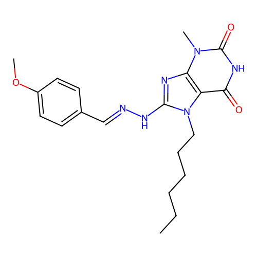 7-hexyl-8-[(2E)-2-[(4-methoxyphenyl)methylidene]hydrazinyl]-3-methylpurine-2,6-dione structure