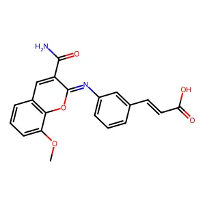 (E)-3-[3-[(3-carbamoyl-8-methoxychromen-2-ylidene)amino]phenyl]prop-2-enoic acid structure
