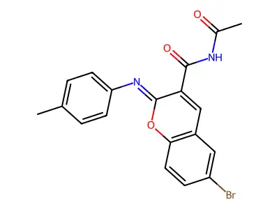 (2Z)-N-acetyl-6-bromo-2-[(4-methylphenyl)imino]-2H-chromene-3-carboxamide structure