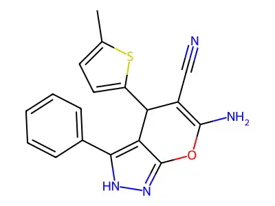 6-amino-4-(5-methyl-2-thienyl)-3-phenyl-1,4-dihydropyrano[2,3-c]pyrazole-5-carbonitrile structure