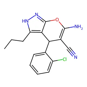 6-Amino-4-(2-chlorophenyl)-3-propyl-1,4-dihydropyrano[2,3-c]pyrazole-5-carbonitrile structure