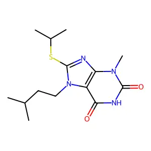 7-isopentyl-8-(isopropylthio)-3-methyl-1H-purine-2,6(3H,7H)-dione structure