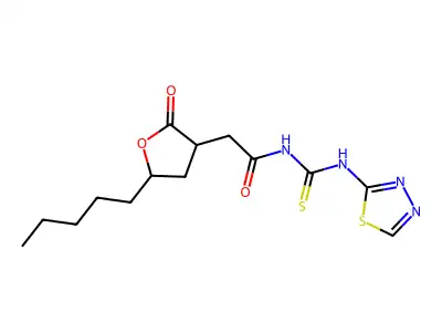 2-(2-oxo-5-pentyloxolan-3-yl)-N-(1,3,4-thiadiazol-2-ylcarbamothioyl)acetamide structure