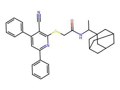 N-[1-(1-adamantyl)ethyl]-2-(3-cyano-4,6-diphenylpyridin-2-yl)sulfanylacetamide structure