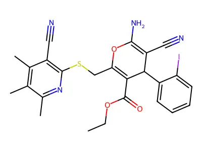 ethyl 6-amino-5-cyano-2-{[(3-cyano-4,5,6-trimethylpyridin-2-yl)sulfanyl]methyl}-4-(2-iodophenyl)-4H-pyran-3-carboxylate structure