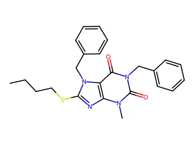 1,7-Dibenzyl-8-butylsulfanyl-3-methylpurine-2,6-dione structure