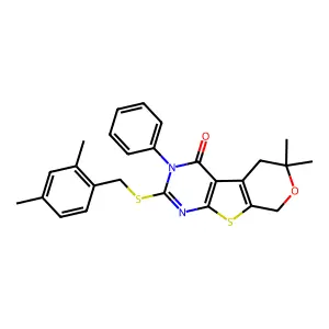 2-[(2,4-dimethylbenzyl)sulfanyl]-6,6-dimethyl-3-phenyl-3,5,6,8-tetrahydro-4H-pyrano[4',3':4,5]thieno[2,3-d]pyrimidin-4-one structure
