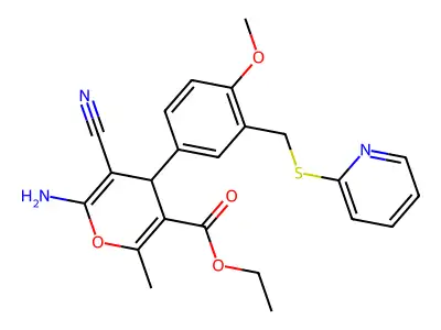 ethyl 6-amino-5-cyano-4-(4-methoxy-3-((pyridin-2-ylthio)methyl)phenyl)-2-methyl-4H-pyran-3-carboxylate structure