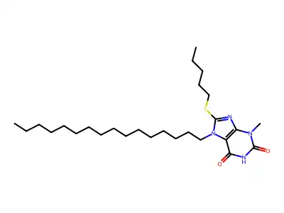7-hexadecyl-3-methyl-8-(pentylsulfanyl)-3,7-dihydro-1H-purine-2,6-dione structure