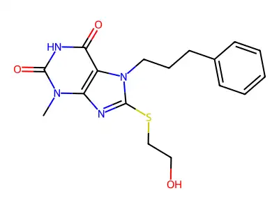 8-((2-hydroxyethyl)thio)-3-methyl-7-(3-phenylpropyl)-1H-purine-2,6(3H,7H)-dione structure