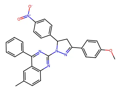 2-[3-(4-methoxyphenyl)-5-(4-nitrophenyl)-4,5-dihydro-1H-pyrazol-1-yl]-6-methyl-4-phenylquinazoline structure
