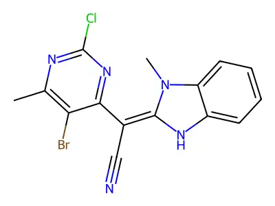 (5-Bromo-2-chloro-6-methylpyrimidin-4-yl)(1-methyl-1,3-dihydro-2H-benzimidazol-2-ylidene)acetonitrile structure