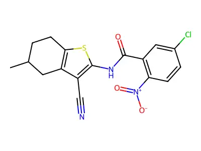 5-chloro-N-(3-cyano-5-methyl-4,5,6,7-tetrahydro-1-benzothiophen-2-yl)-2-nitrobenzamide structure