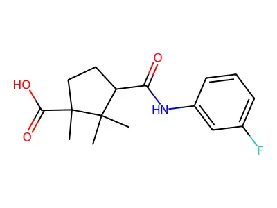 3-((3-Fluorophenyl)carbamoyl)-1,2,2-trimethylcyclopentanecarboxylic acid structure
