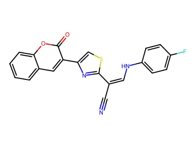 (Z)-3-((4-fluorophenyl)amino)-2-(4-(2-oxo-2H-chromen-3-yl)thiazol-2-yl)acrylonitrile structure
