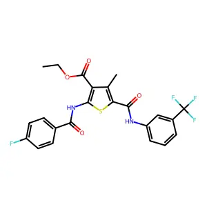ethyl 2-(4-fluorobenzamido)-4-methyl-5-((3-(trifluoromethyl)phenyl)carbamoyl)thiophene-3-carboxylate structure